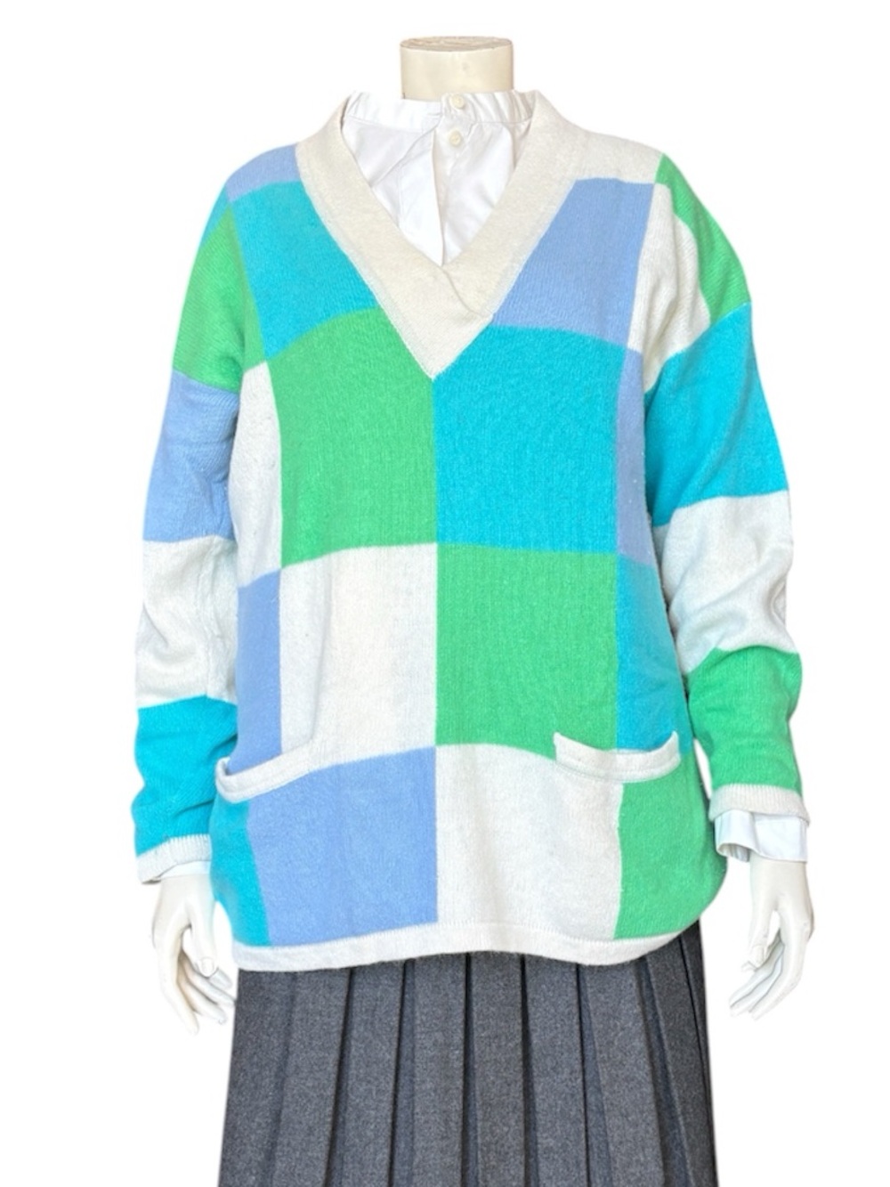 Vintage August Silk Colourblock V-Neck Sweater Lambswool Angora Blend Size M